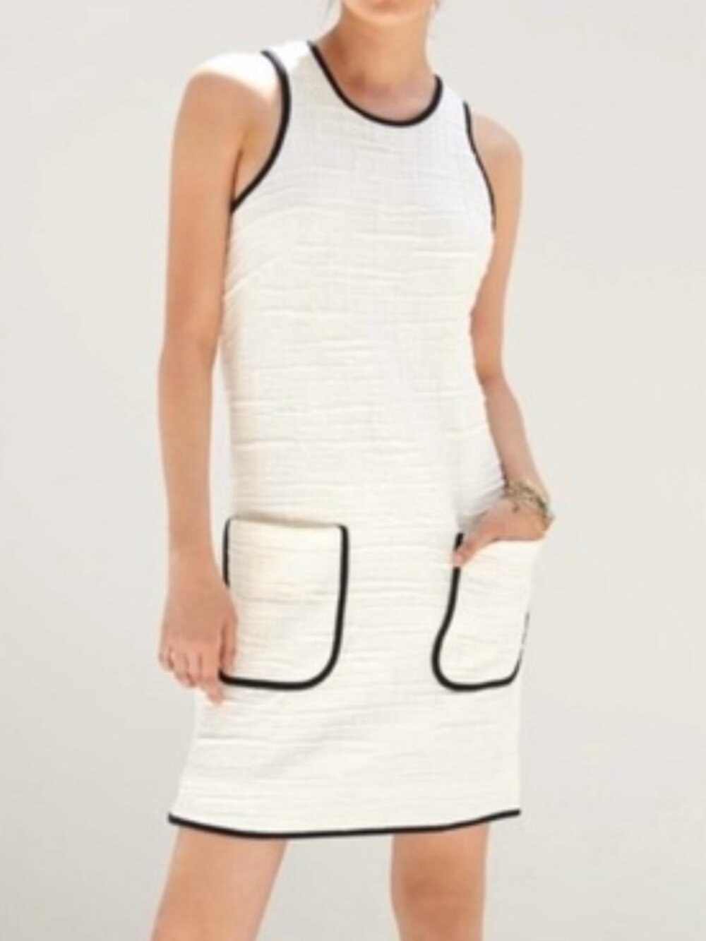 Anthropologie Maeve Patch-Pocket Mini Dress Ivory Cream Black Trim 60s Mod